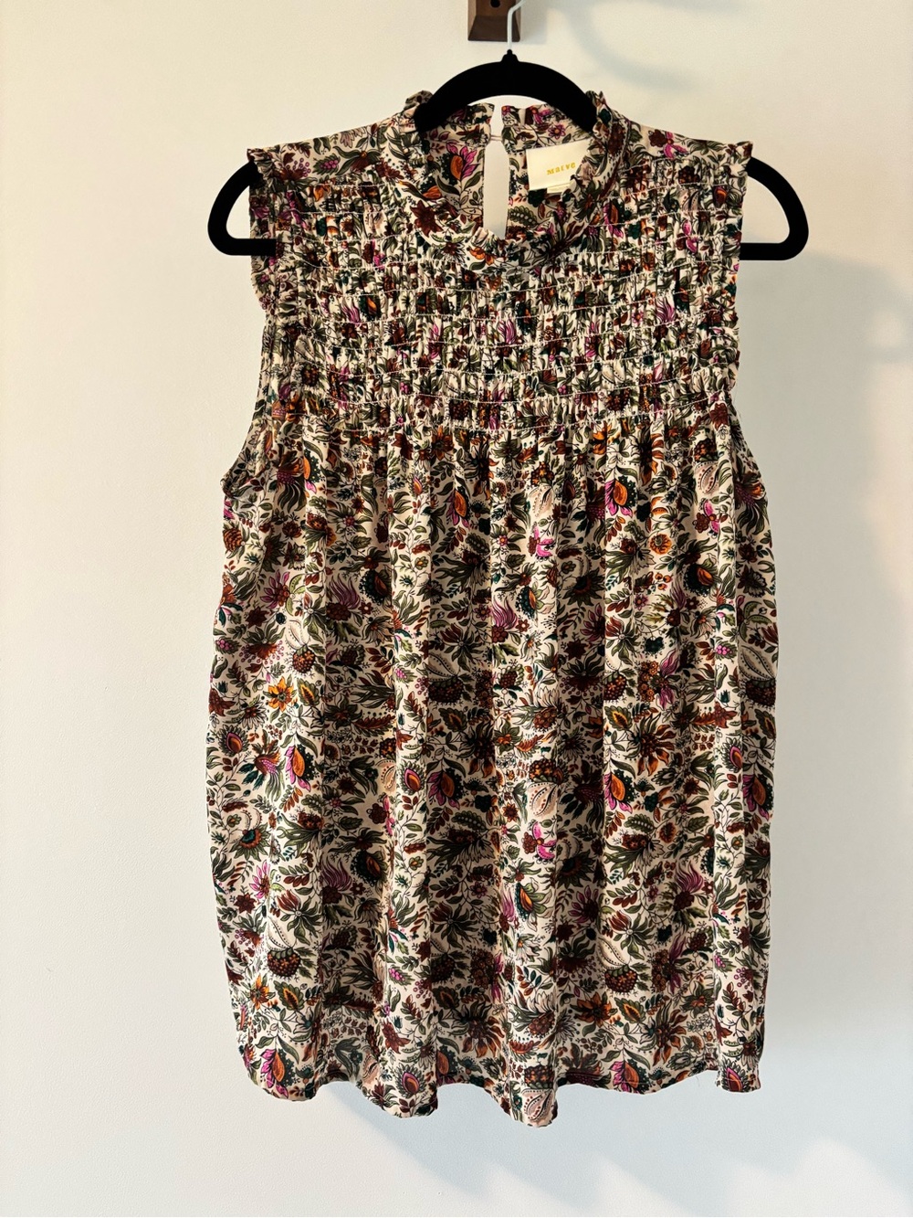 Maeve by Anthropologie Ivory Floral Smocked Sleeveless Camisole